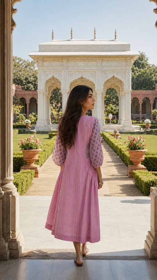 Pink Block Printed Cotton Dress with Hand Work on Neck