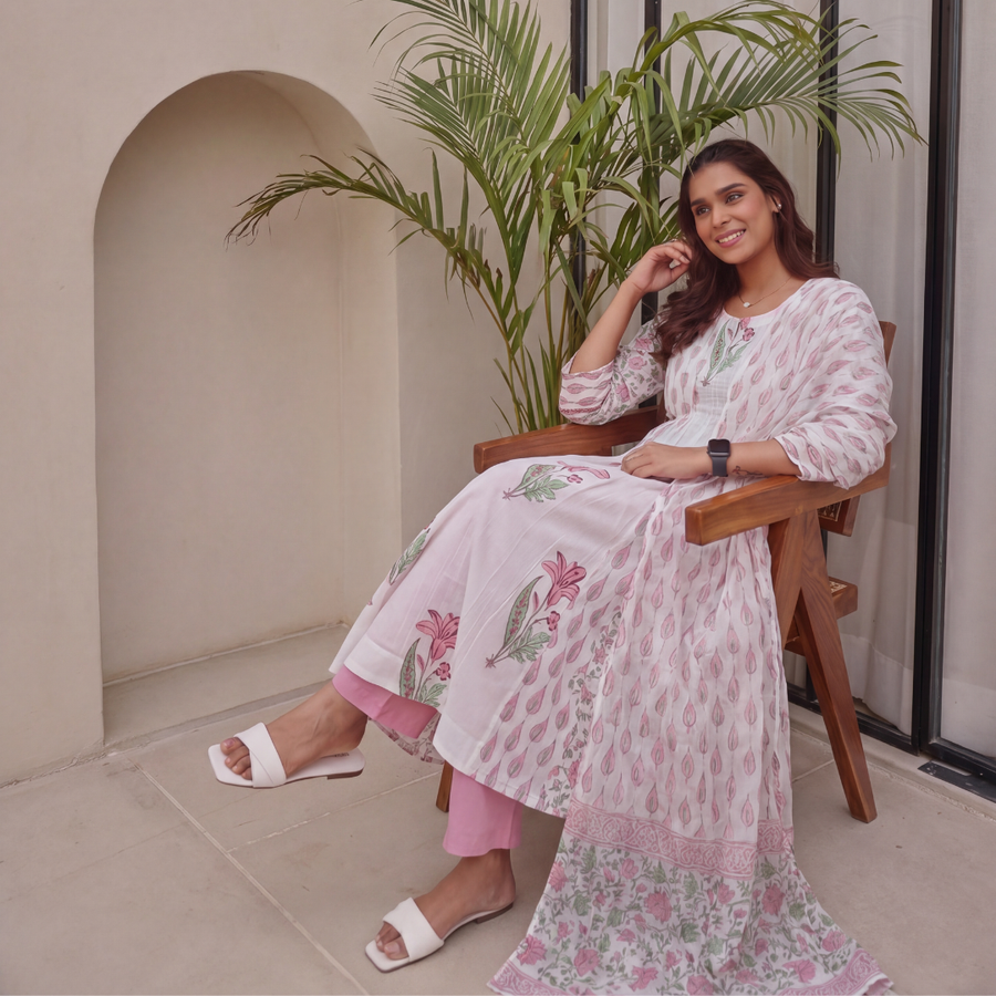 Pink & Green Block Printed Cotton Kurta Pant with Kota Doria Dupatta