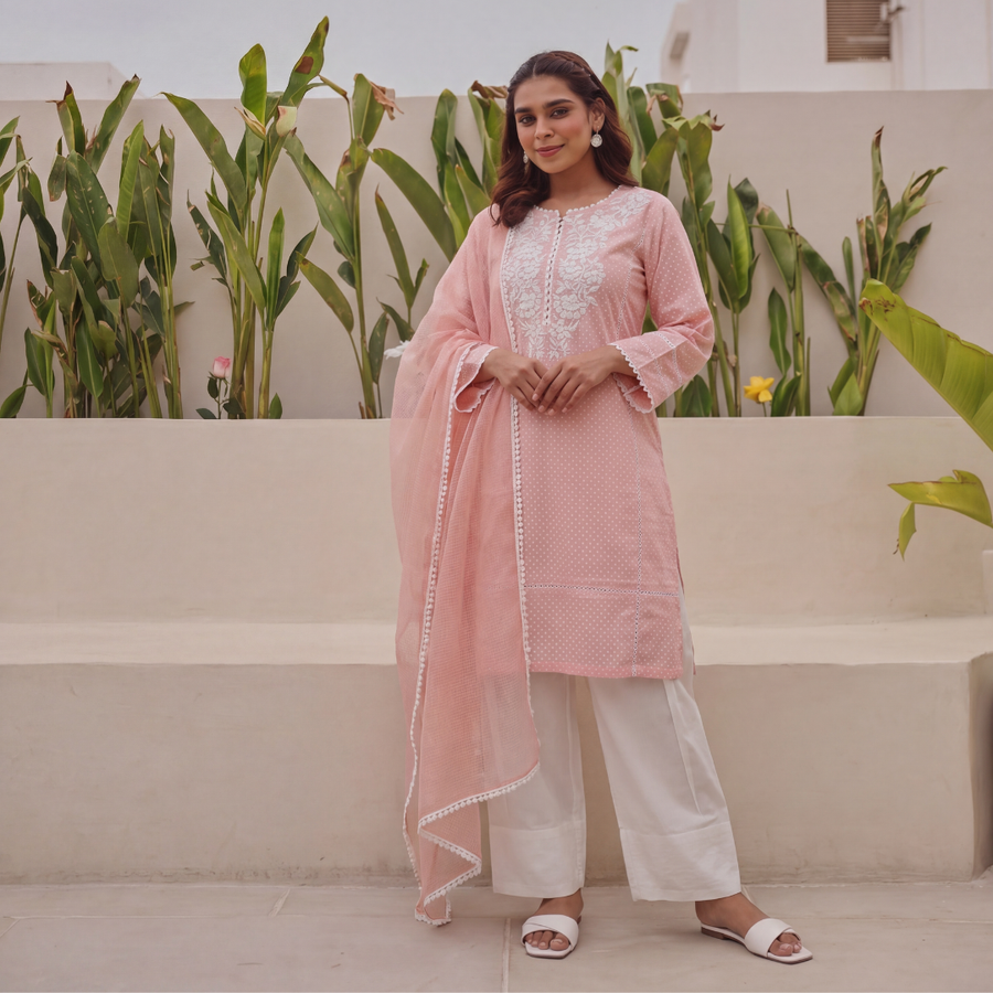 Peach Cotton Suit Set with Embroidered Kurta and Farshi White Salwar Set with Kota Doria Dupatta