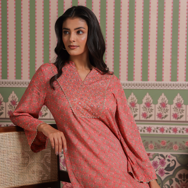 Coral Pink Modal Co-Ord Set with Zari Embroidered Yoke