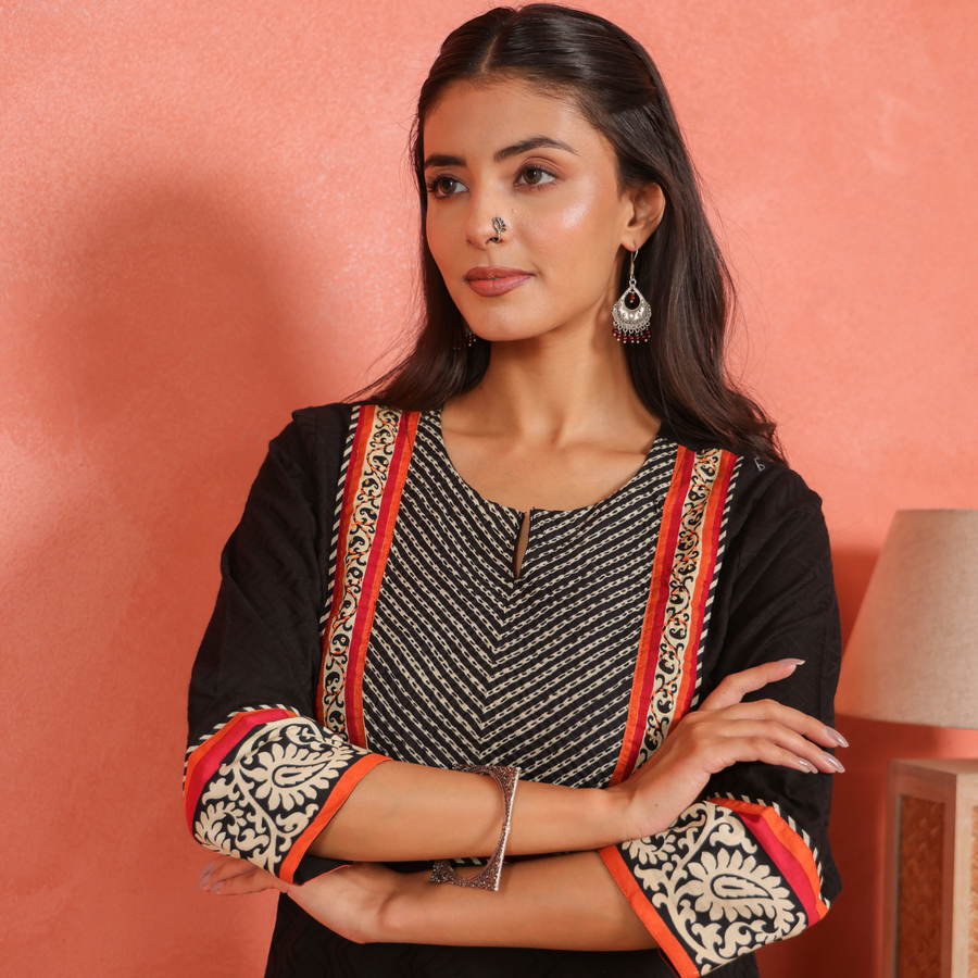 Black Cotton Dobby Kurta Set with Kantha Embroidery