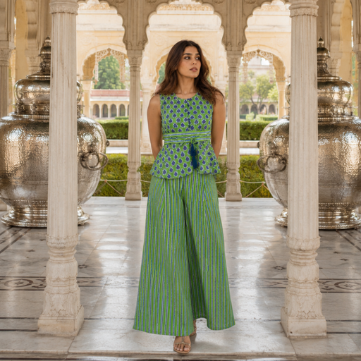 Green block print cotton co-ord set for women - front view - EKOHUM