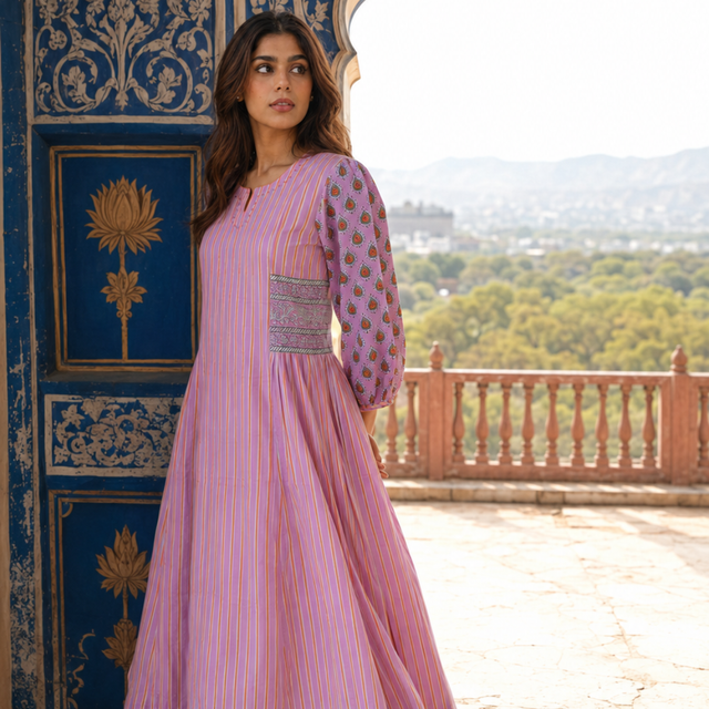 Pink Block Printed Cotton Dress with Hand Work on Neck