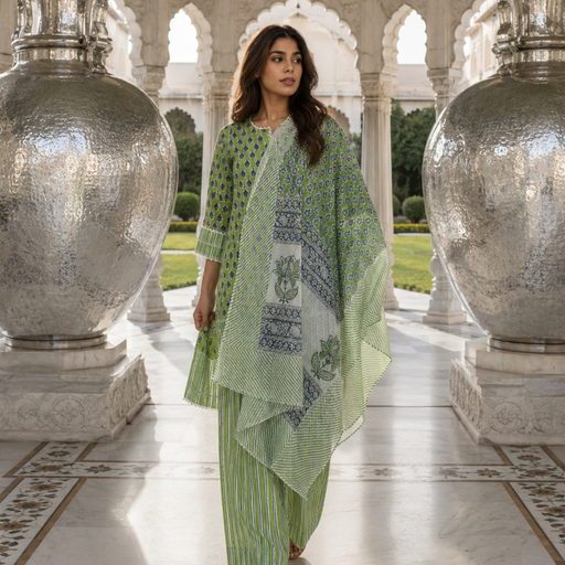 Green farshi salwar suit set with dupatta - front view - EKOHUM