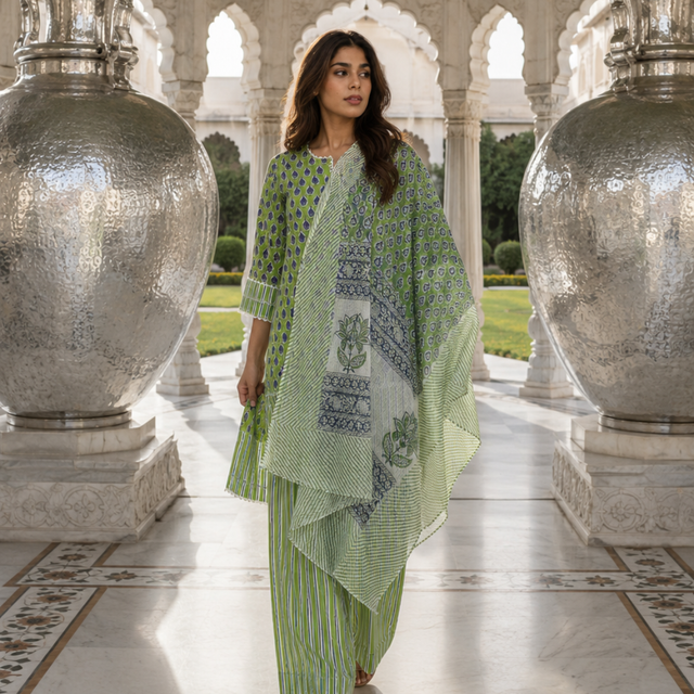 Green Block Printed Cotton Suit Set with Lace Work