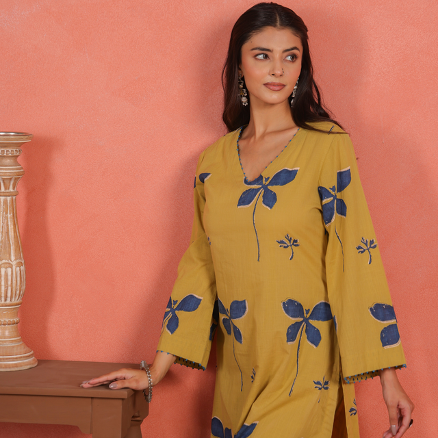 Yellow Cotton Slub Kurta Pant Set with Beads Hand Work