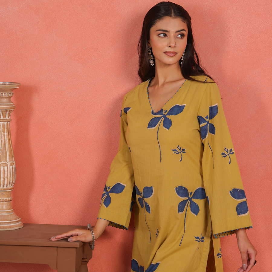 Yellow Cotton Slub Kurta Pant Set with Beads Hand Work