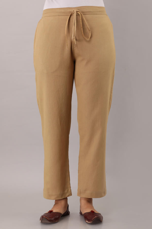Beige Cotton Narrow Bottom Flex Pant