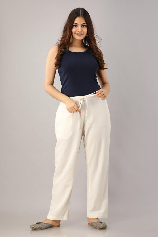 White Cotton Narrow Bottom Flex Pant