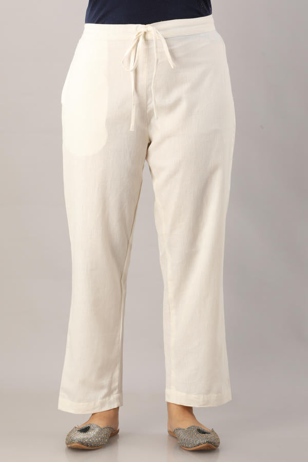 White Cotton Narrow Bottom Flex Pant