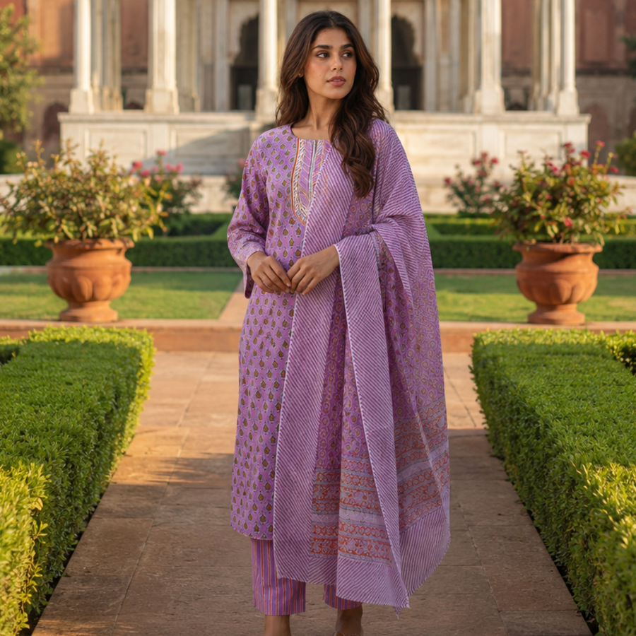 Pink cotton suit set with Kota Doria dupatta - front view - EKOHUM
