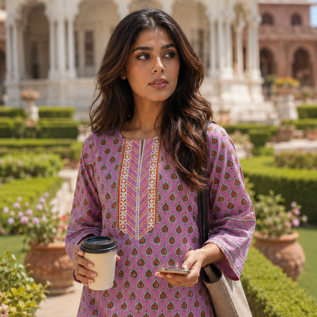 Pink Block Printed Lace Work Cotton Kurta Pant Set