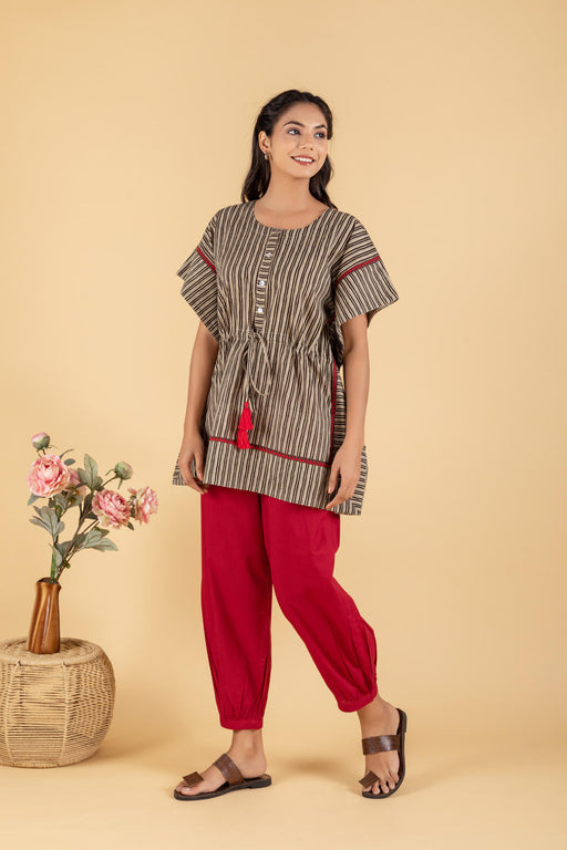 Black and Grey Stripes Printed Short Kaftan