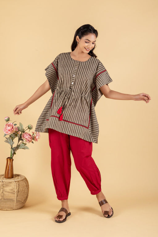 Black and Grey Stripes Printed Short Kaftan