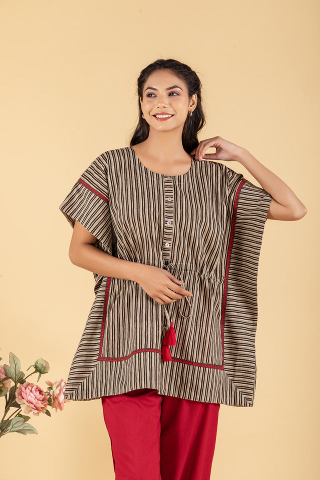 Black and Grey Stripes Printed Short Kaftan