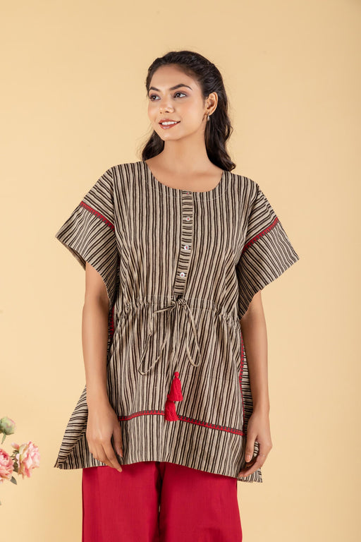 Black and Grey Stripes Printed Short Kaftan