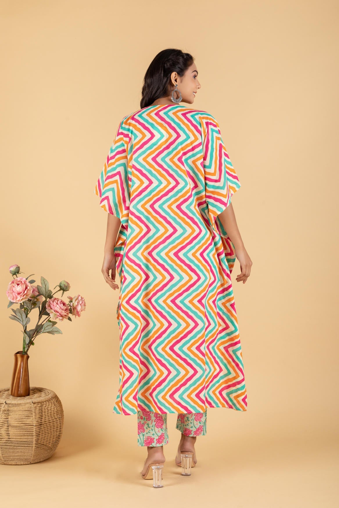 Pink Stripes Print kaftan with Floral Print Pant