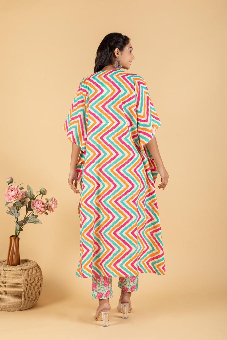 Pink Stripes Print kaftan with Floral Print Pant