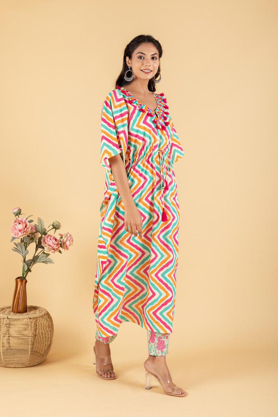 Pink Stripes Print kaftan with Floral Print Pant