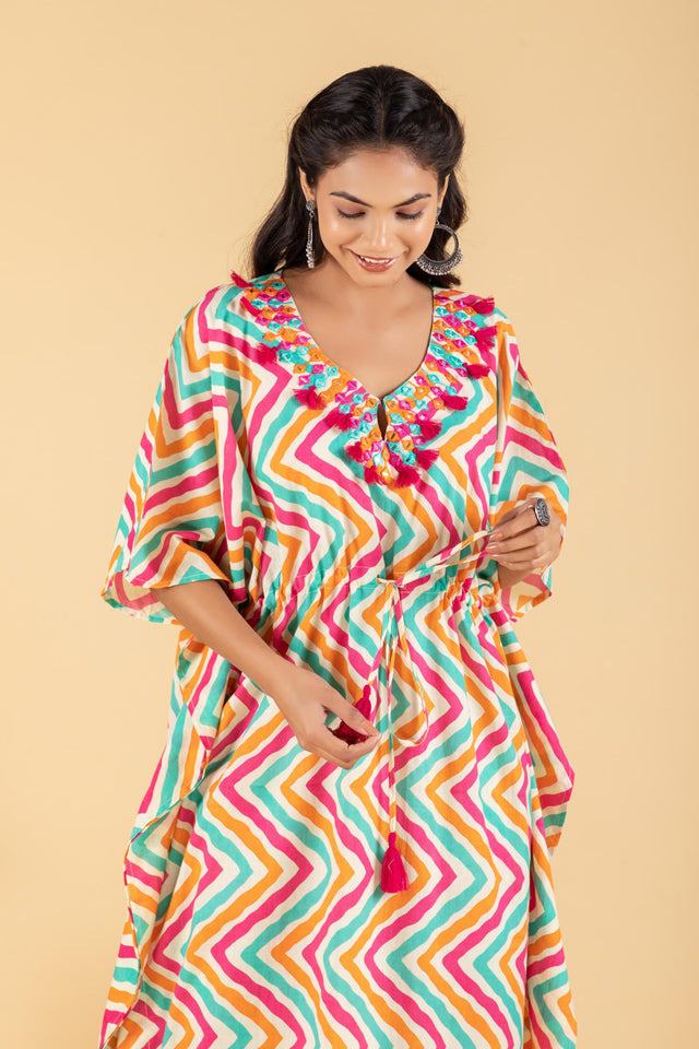 Pink Stripes Print kaftan with Floral Print Pant