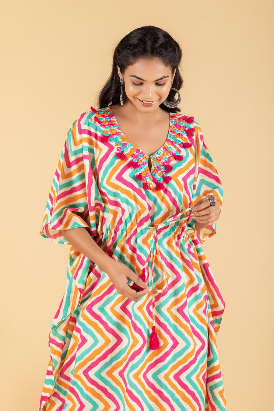 Pink Stripes Print kaftan with Floral Print Pant