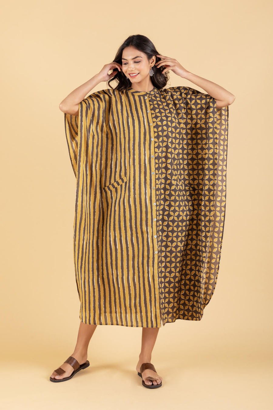Hand Block Printed Mustard Brown Kaftan Dress with Pocket