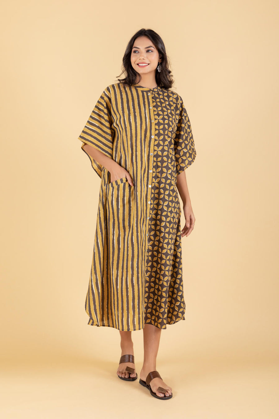 Hand Block Printed Mustard Brown Kaftan Dress with Pocket