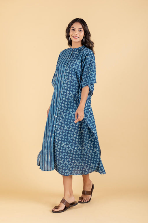 Hand Block Printed Indigo Kaftan Dress with Pocket