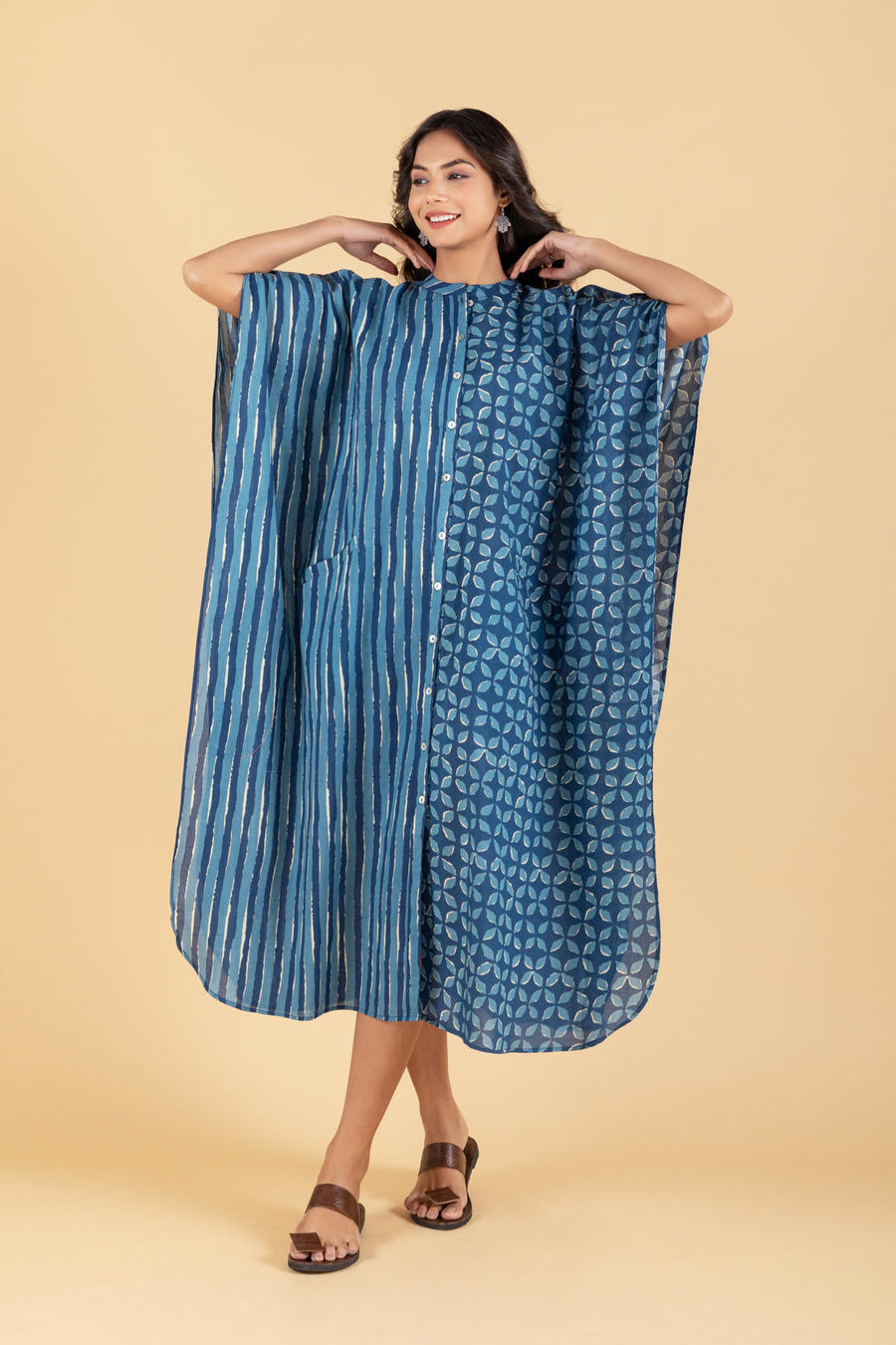 Hand Block Printed Indigo Kaftan Dress with Pocket
