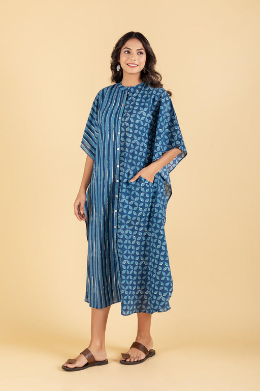 Hand Block Printed Indigo Kaftan Dress with Pocket