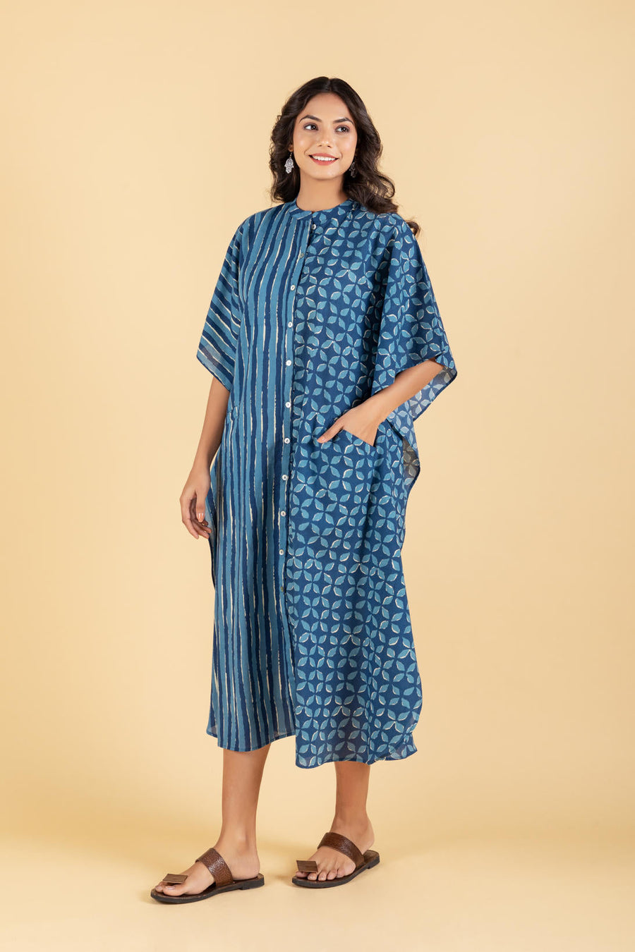 Hand Block Printed Indigo Kaftan Dress with Pocket