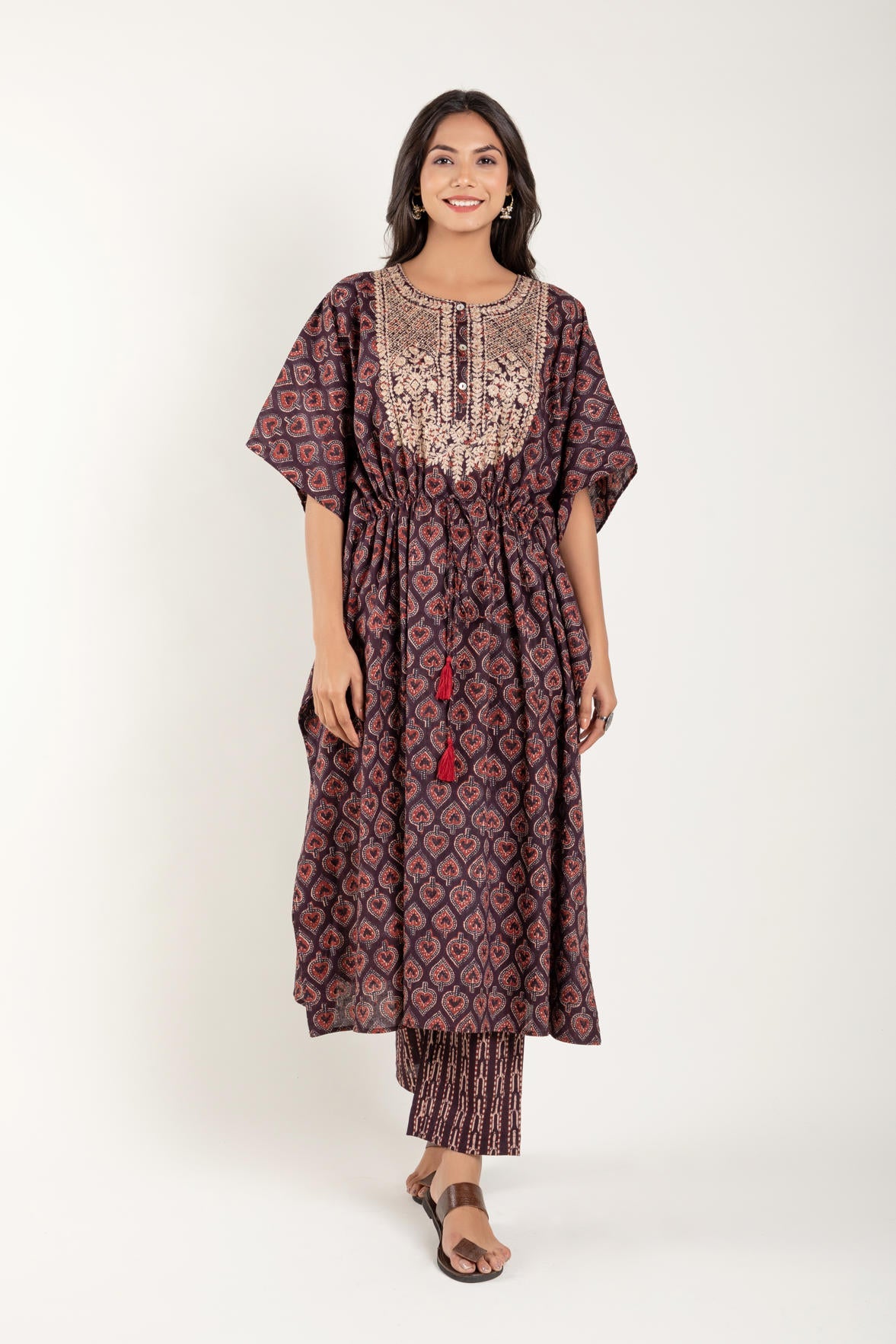 Zari Embroidery Ajrakh Printed Kaftan with pant