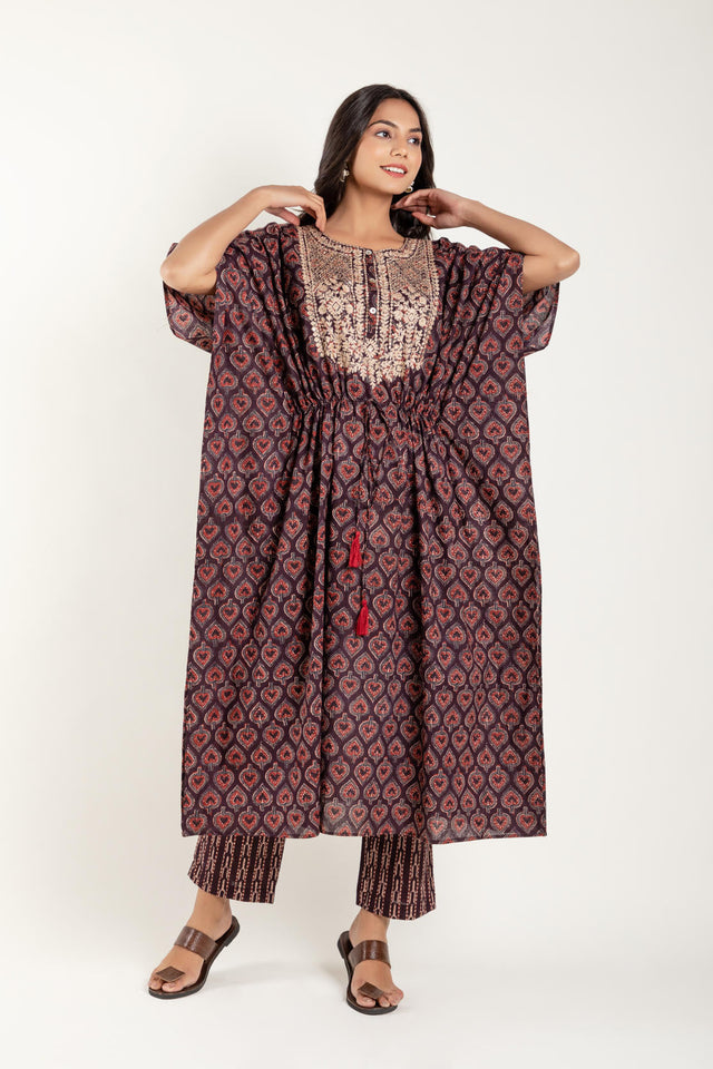 Zari Embroidery Ajrakh Printed Kaftan with pant
