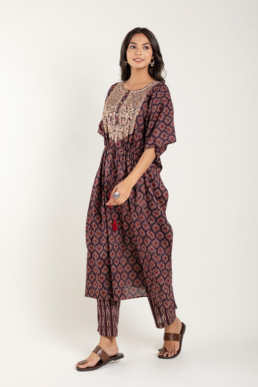 Zari Embroidery Ajrakh Printed Kaftan with pant