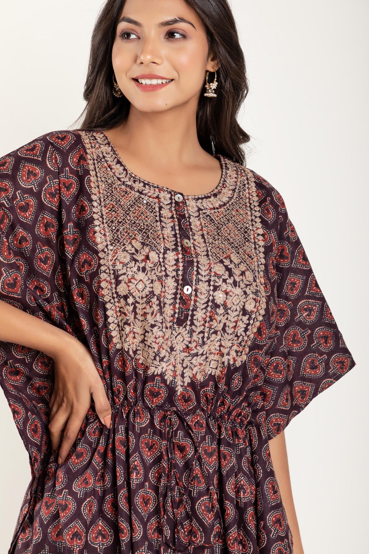 Zari Embroidery Ajrakh Printed Kaftan with pant