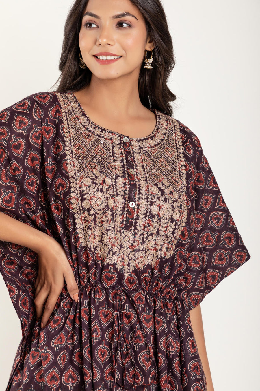 Zari Embroidery Ajrakh Printed Kaftan with pant