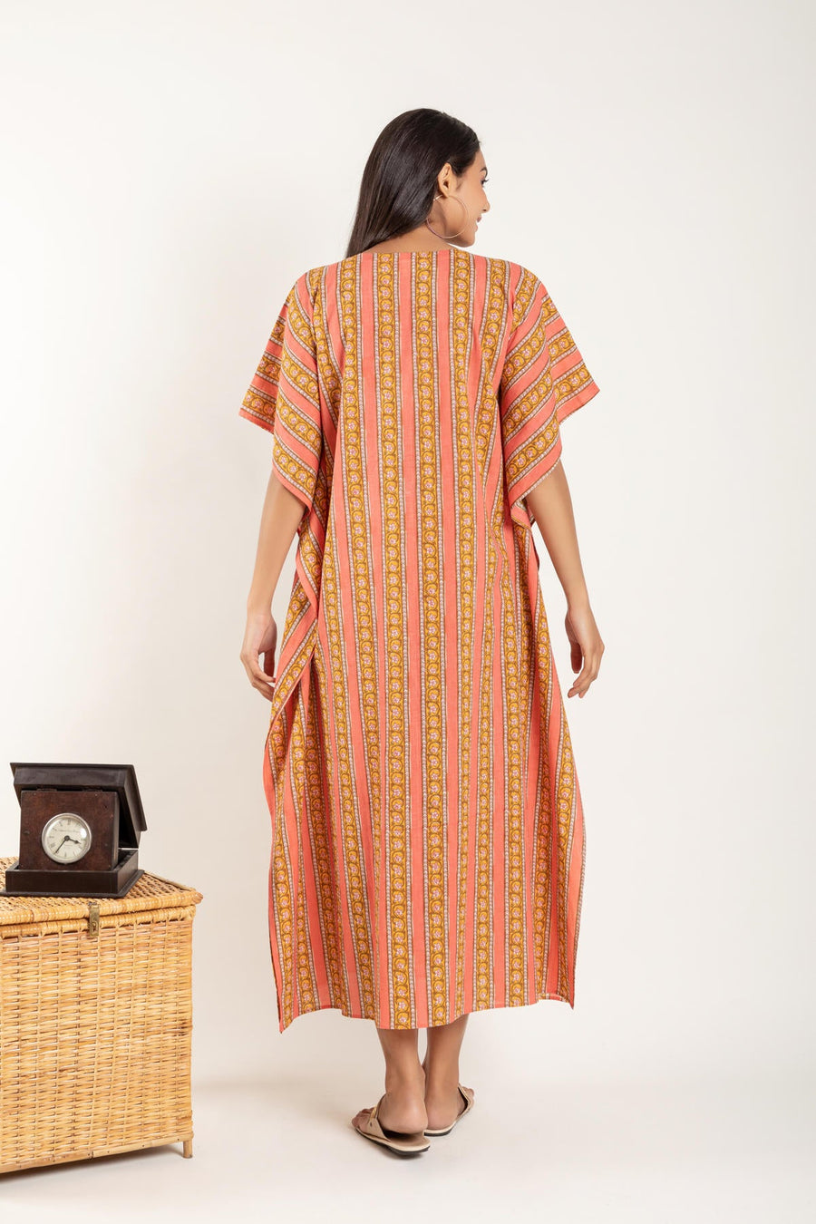 Peach Yellow Ethnic Motifs Printed Kaftan
