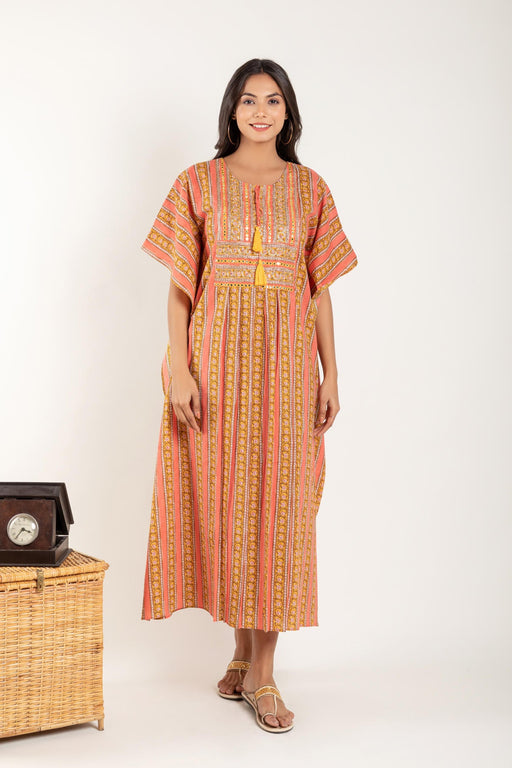 Peach Yellow Ethnic Motifs Printed Kaftan