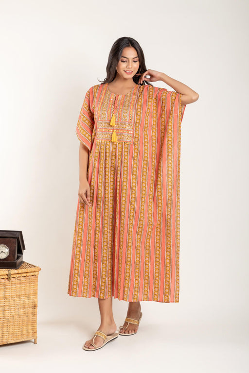 Peach Yellow Ethnic Motifs Printed Kaftan