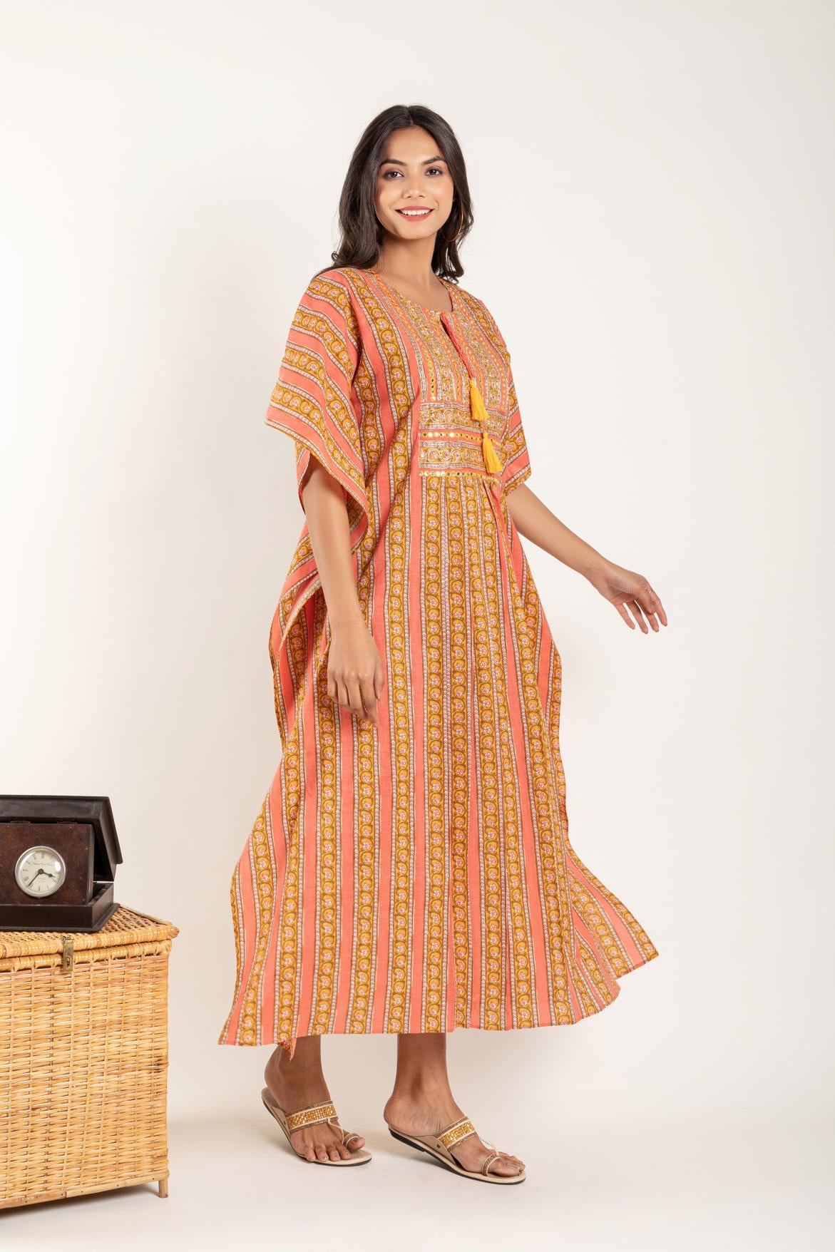 Peach Yellow Ethnic Motifs Printed Kaftan