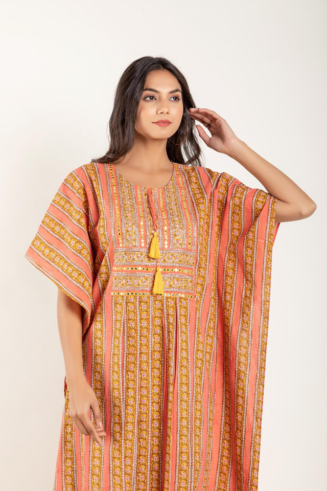 Peach Yellow Ethnic Motifs Printed Kaftan