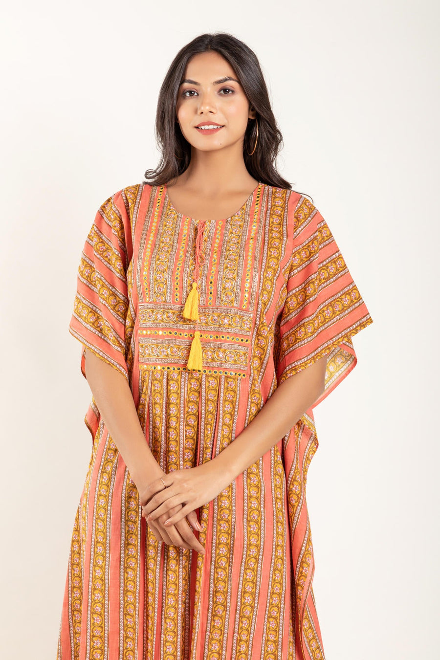 Peach Yellow Ethnic Motifs Printed Kaftan