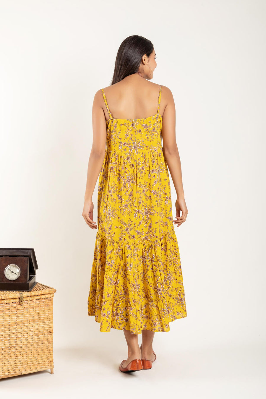 Yellow Floral Printed Gathered Dress