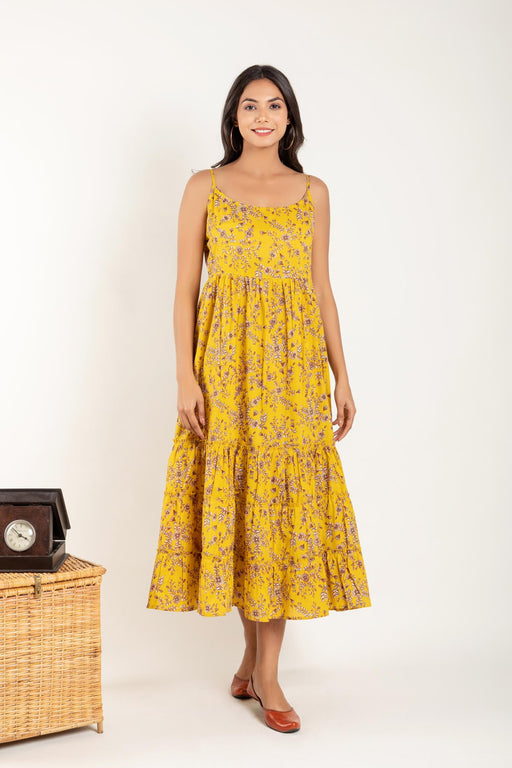 Yellow Floral Printed Gathered Dress