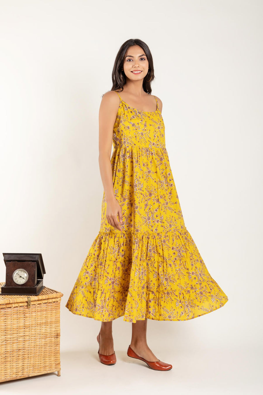 Yellow Floral Printed Gathered Dress