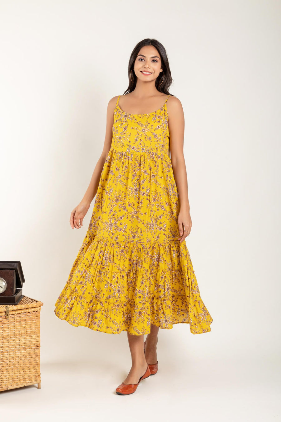 Yellow Floral Printed Gathered Dress