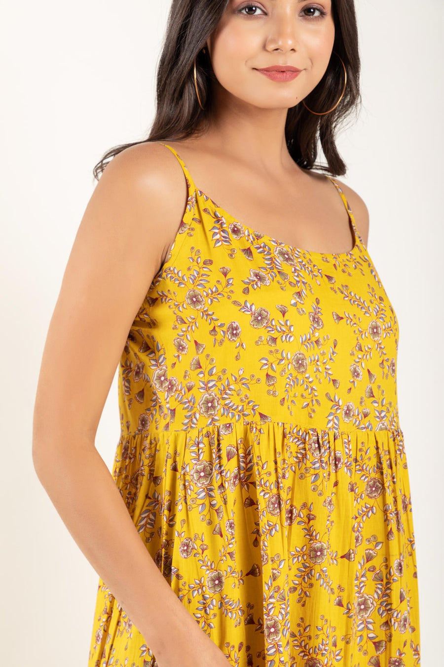 Yellow Floral Printed Gathered Dress