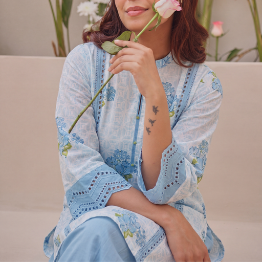 Blue Block Printed Shifli Cotton Kurta with Farshi Salwar