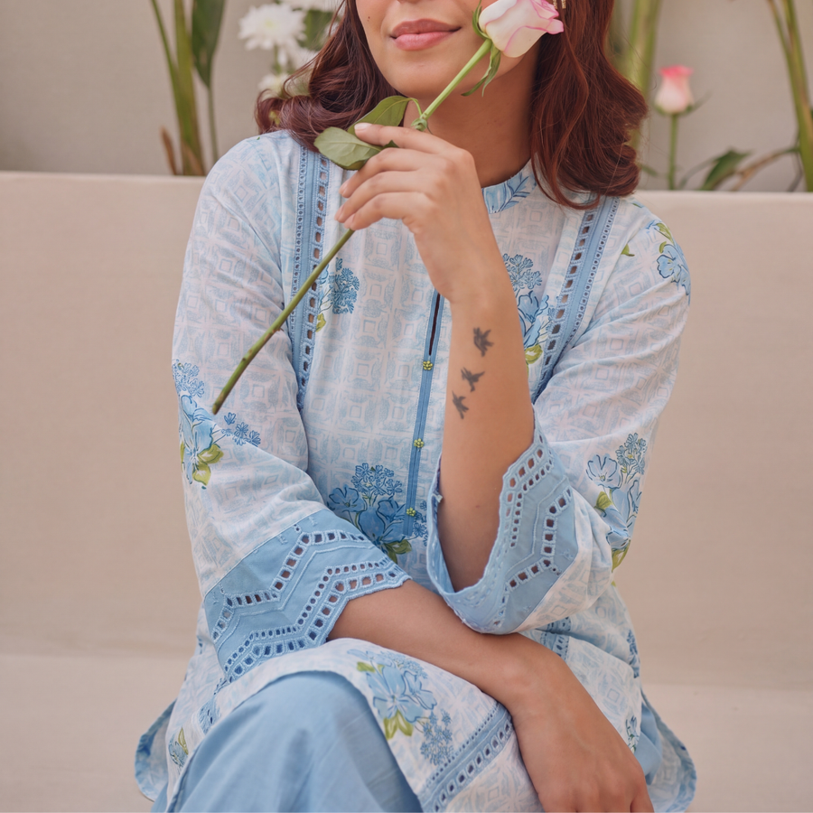 Blue Block Printed Shifli Cotton Kurta with Farshi Salwar