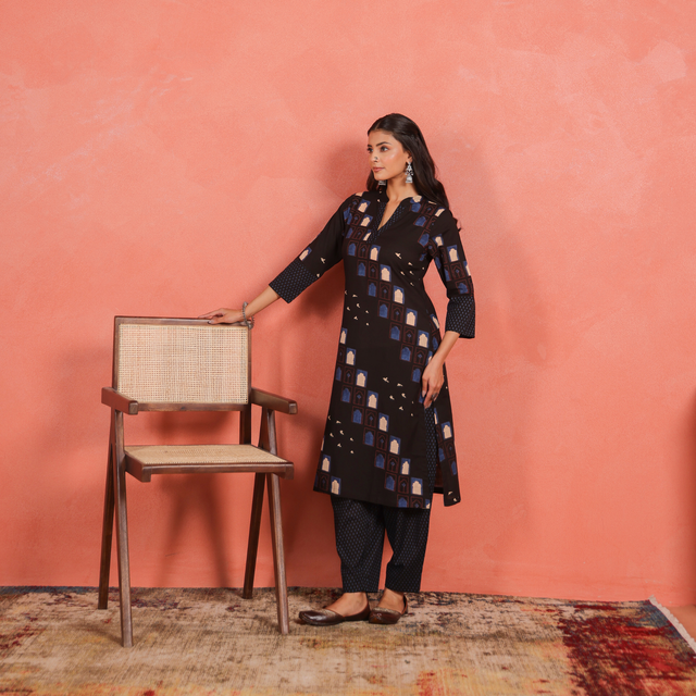 Black Cotton Slub Kurta with Afghani Pant
